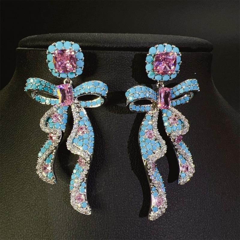 Light Luxury Shining Bow Zircon Earrings Women's Dinner Party Wedding High-end Stud Earrings Exaggerated Style Temperament Earrings