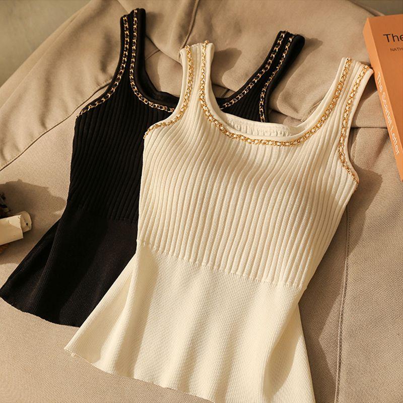 Women's Ice Silk Knit Camisole Summer Slim Fit Stylish Unique Chain Lining Top