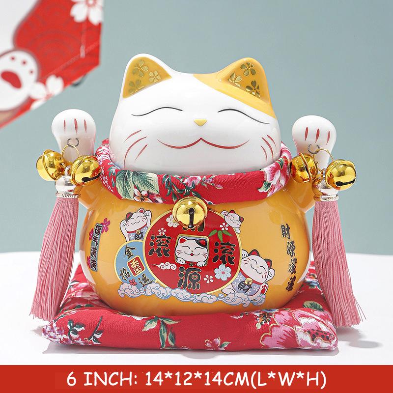 6 inch Ceramic Fortune Cat Money Bank Maneki Neko Lucky Cats Statues Porcelain Happy Smiling Cat Figure Feng Shui Decor Ornament