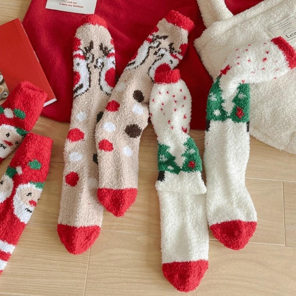 Snowflake Elk XmasTree Christmas Stocking Coral Fleece Thicken Floor Socks Fluffy Socks  For Women
