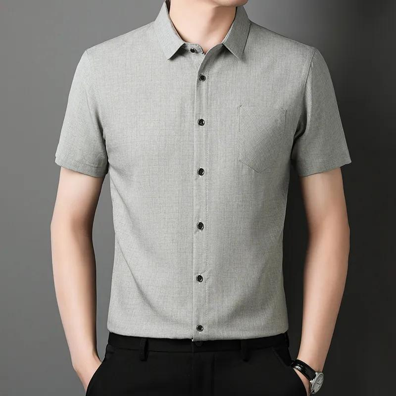 Men's Light Gray Short Sleeve Shirt Casual Button-Down Cotton Blend Shirt with Chest Pocket