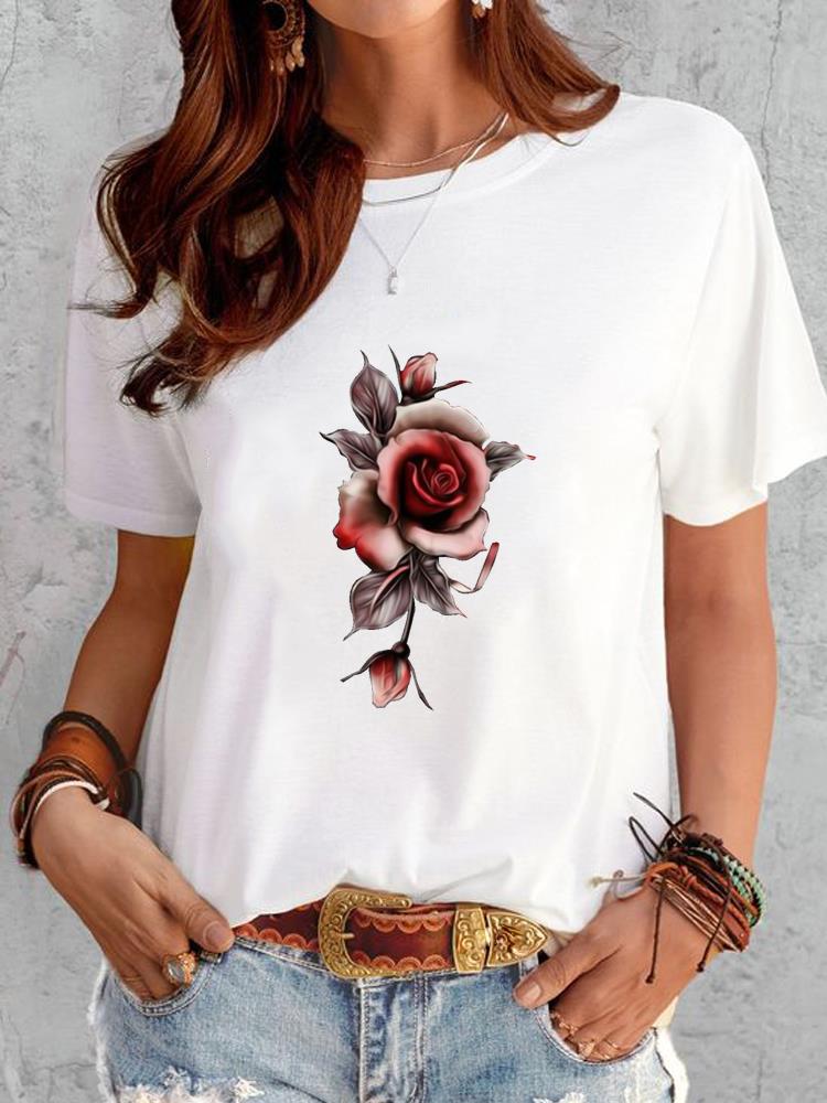 European and American Flower Print Cute Clothing Top Short Sleeve Tshirt Women Clothing Oversized T Shirt