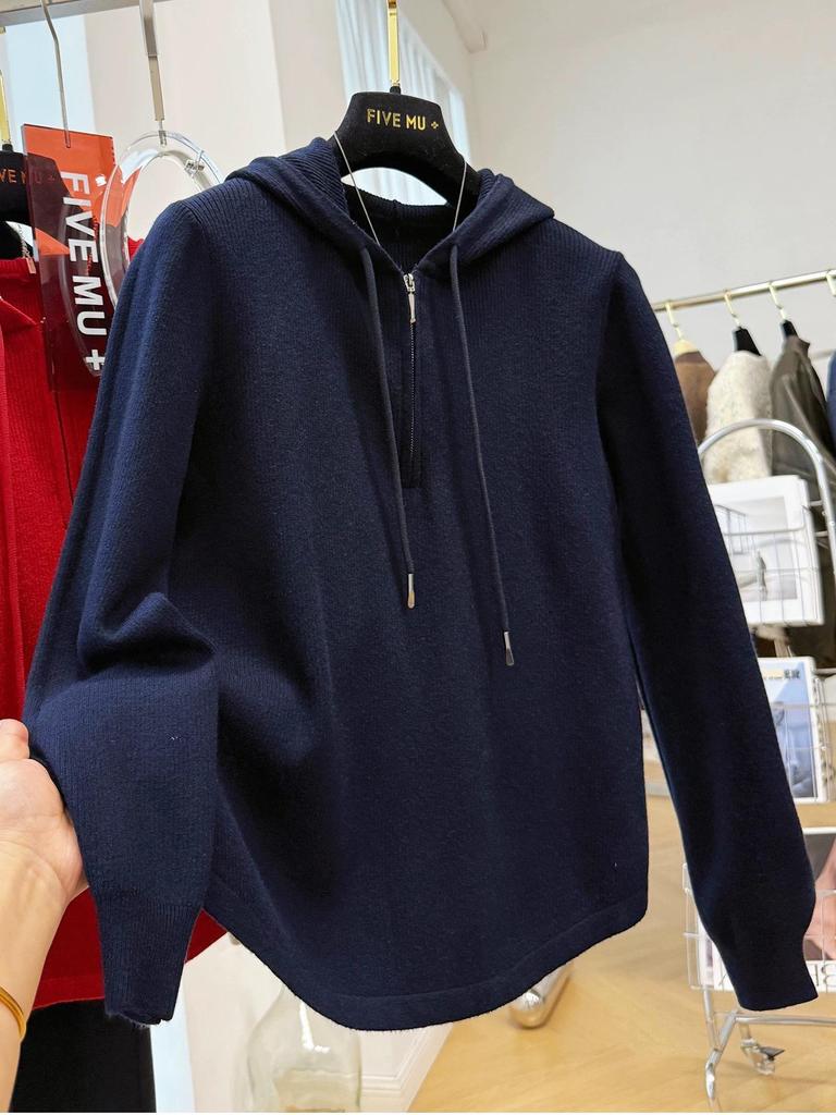 Cross-Border Solid Color Korean High-End Hooded Half-Zip Women's Long Sleeve Autumn Winter Pullover Base Layer Shirt