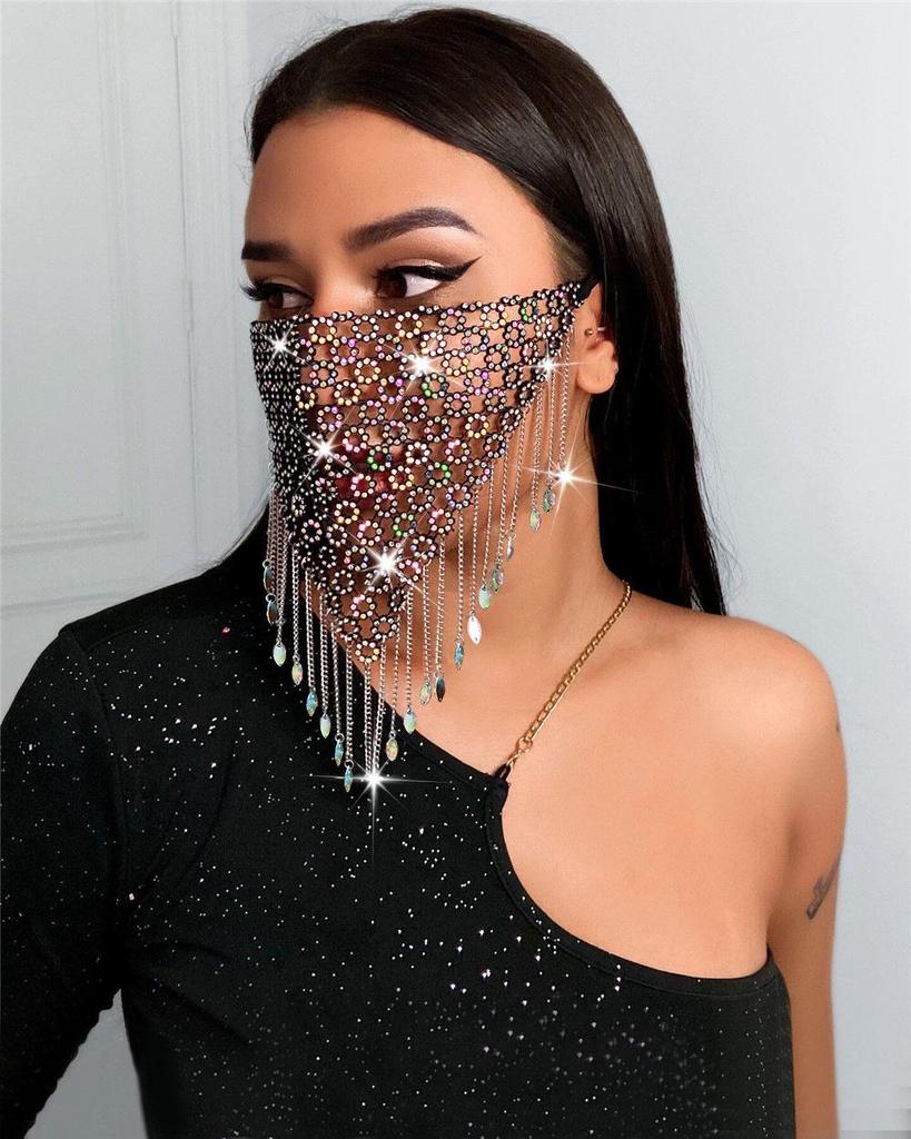 European-American Fashion Rhinestone Tassel Mesh Mask for Nightclub Parties