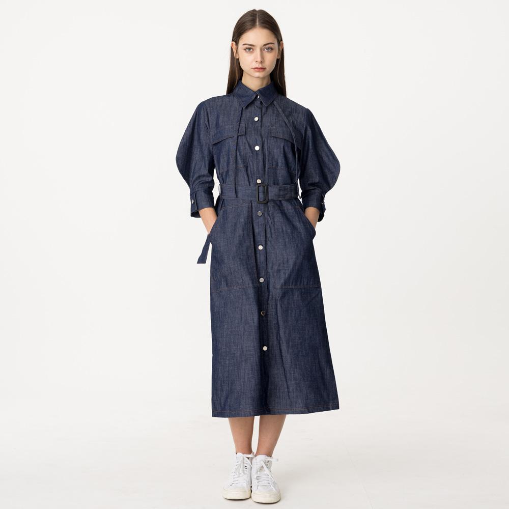 WUNDER GEIST Bishop Sleeve 3/4 Sleeve String Denim Long Dress