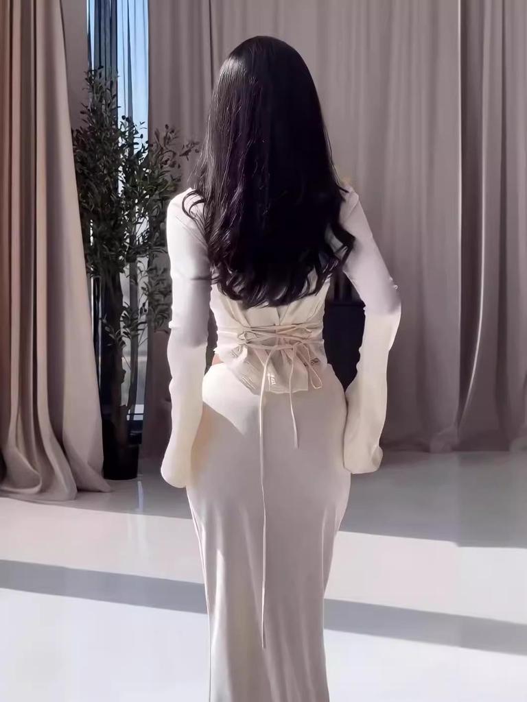 2024 Autumn European & American Solid Color Round Neck Crop Top Sexy Bodycon Two-Piece Set