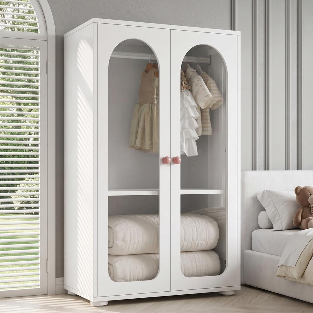 2-Door Wardrobe, Bedroom Storage Cabinet, Children's Wardrobe, with Clothes Rail, Acrylic Transparent Doors, Ceramic Handles, White, 80×50×120 Cm