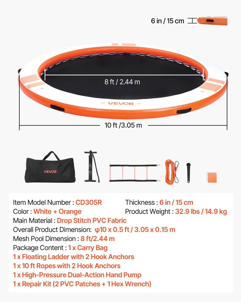 Inflatable Floating Dock, 3.05M Inflatable Dock Platform, Non-Slip Water Air Mat with Portable Carrying Bag & Detachable Ladder, Floating Water