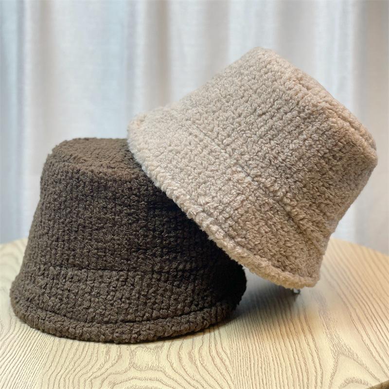 Lamb Wool Face-showing Little Fisherman Hat for Women in Autumn and Winter Versatile Plus Velvet Cute and Warm Bucket Hat Adjustable