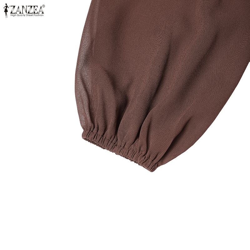 ZANZEA Women Casual Round Neck Long Sleeve See-Through Loose Blouse
