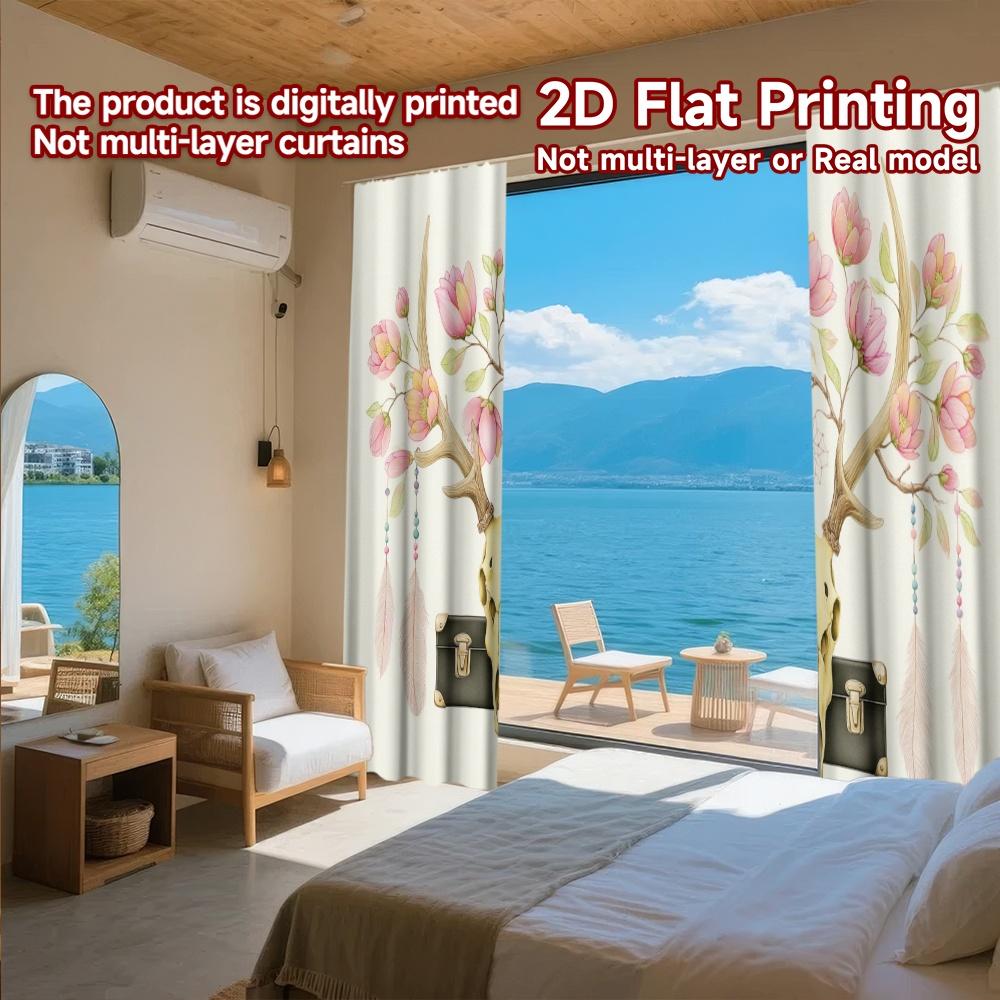 2D FLAT PRINTING 2pcs Curtains (Without Rod) Floral Skull Design New year Festival Creative Curtains Polyester Curtains Room
