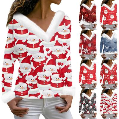 Women's Fashion Long Sleeve Christmas Printed Party Plush Neck V-Neck Top