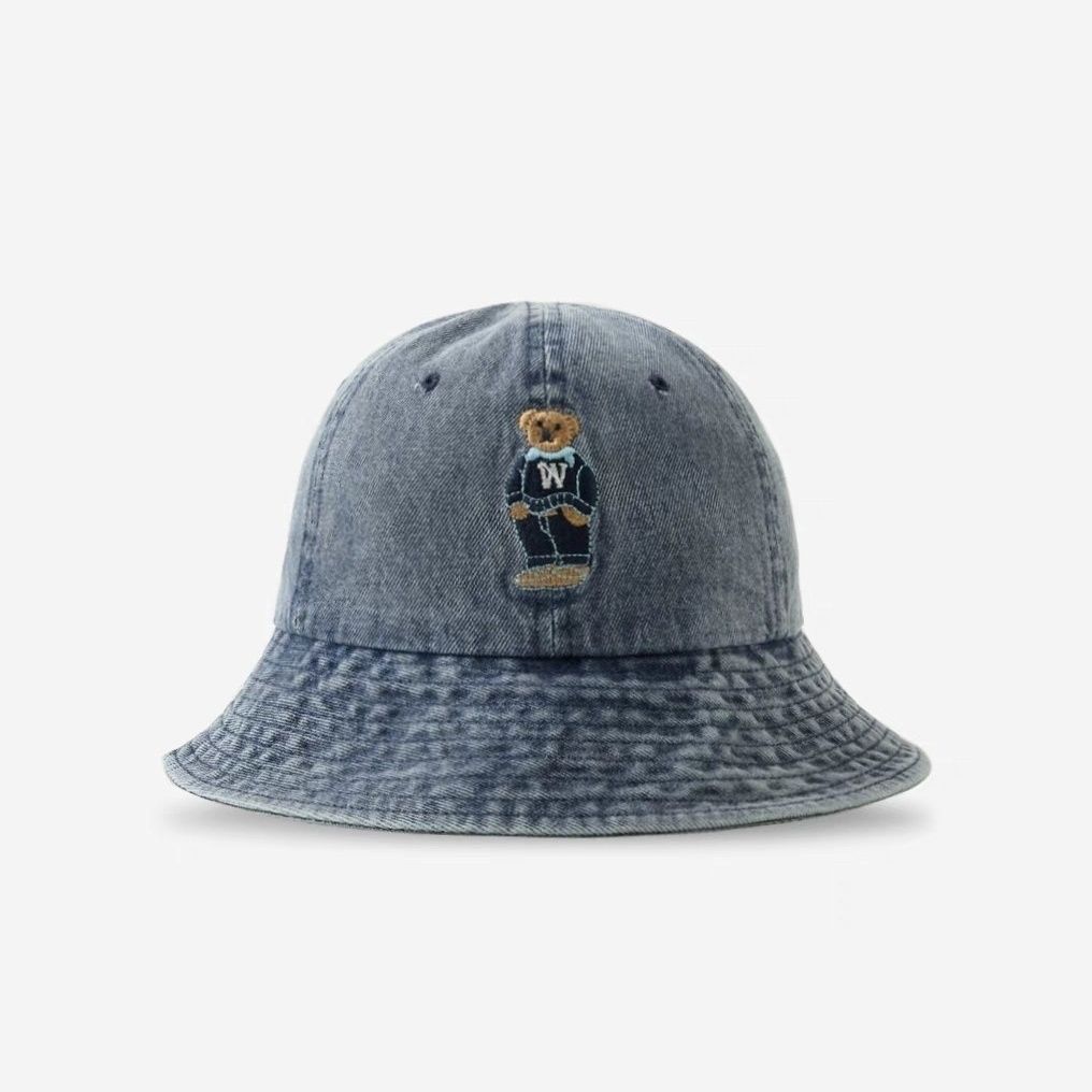 Vintage Washed Denim Bucket Hat Female Face Small Visor Cartoon Bear Embroidery Basin Hat Tide
