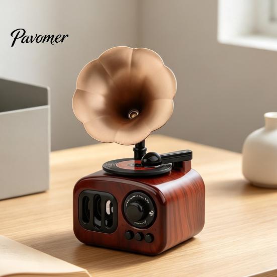 Classic Melody Keepsake Retro Mini Gramophone Music Box Ornament, Vintage Wood Grain Phonograph Shaped Small for Shelves Box, Desktop Decor