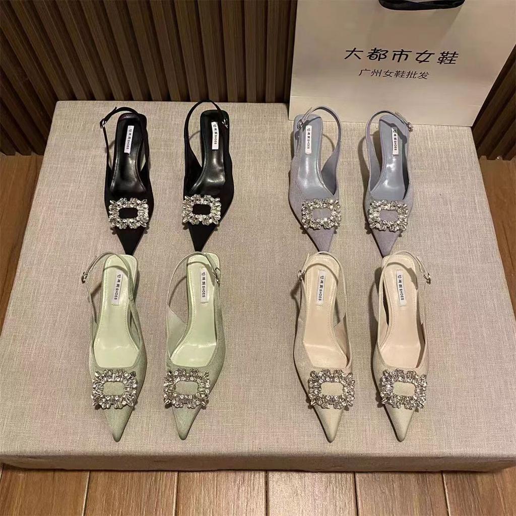 Rhinestone Square Buckle High Heels Women'S Thin Heels Pointed Head Shallow Mouth Empty Single Shoes Bag Head Sandals