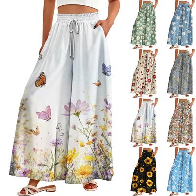 Palazzo-Hose für Damen, Boho-Stil, Blumenmuster, weites Bein, Sommer-/Strandhose, hohe Taille, fließende Hose mit Taschen