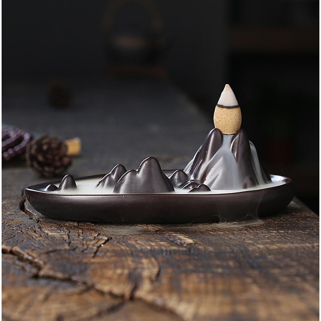 Ceramic Backflow Incense Burner Mountain Stream Design Smoke Waterfall Incense Holder for Home Office Meditation and Relaxation Use
