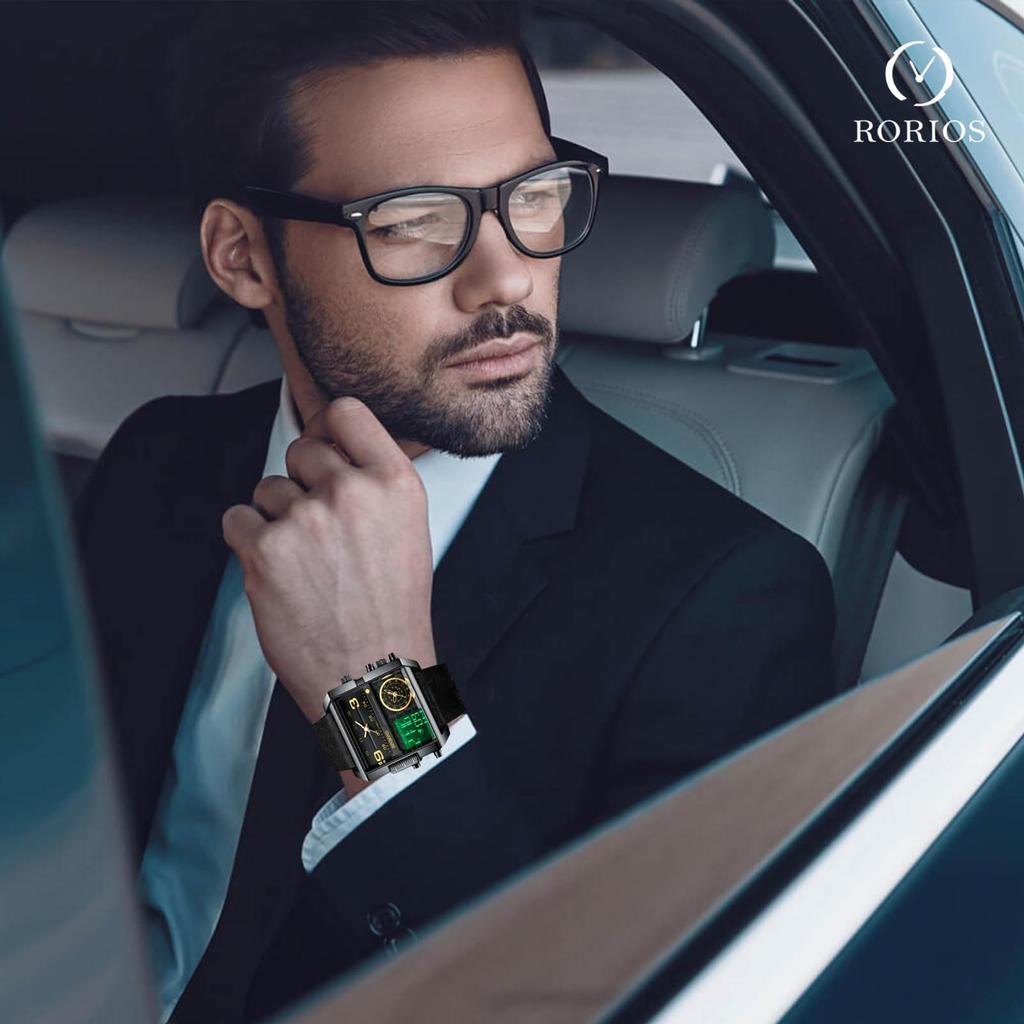 RORIOS Armbanduhr mit Datum und Tag Dualzeit Quarz Wasserdichte Armbanduhr mit Alarm Leichte Business Sportuhr mit Leucht-LED und Leder