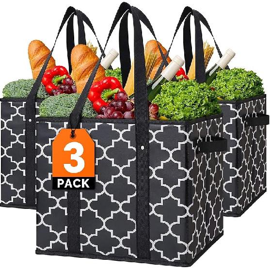 WISELIFE Reusable Grocery Bags 3-Pack Foldable Washable Large Storage Bins Basket Water Resistant Shopping Tote Bag Black 2 Pack