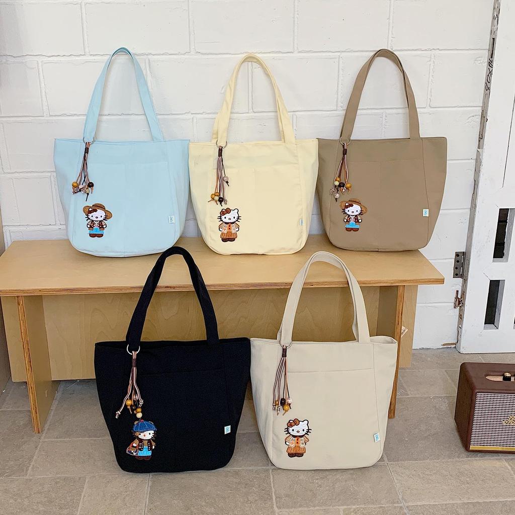 Versatile Women's Canvas Tote Bag with Cartoon Embroidery – Large Capacity, Multi-functional Shoulder Bag