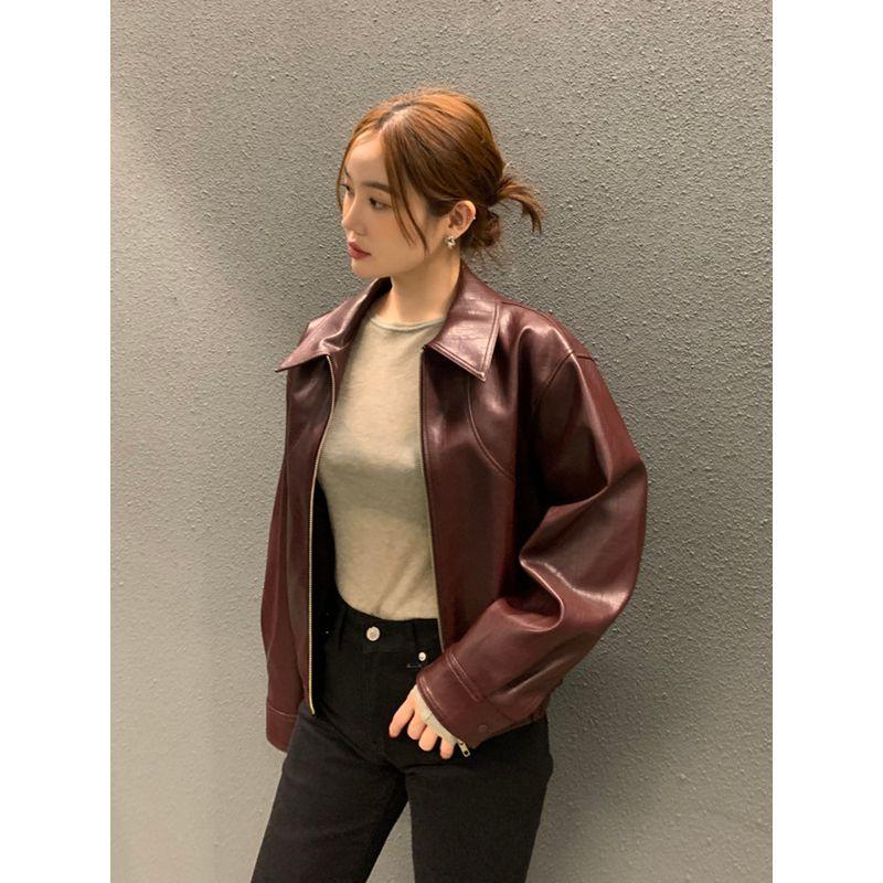 

Chic South Korea Temperament Long Sleeve Jacket Short Coat Leather Coat Burgundy All yards
