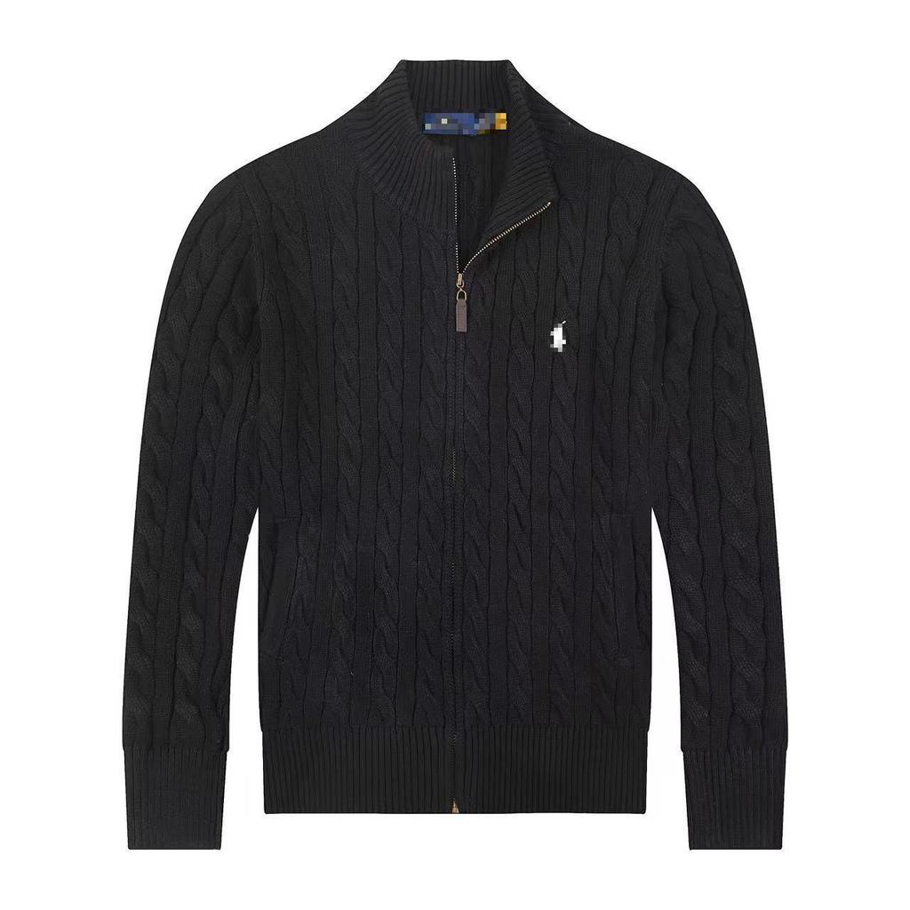 Men's Embroidered Pony Polo Shirt, Classic Old Money Style, Thickened Cotton, Full Zip Knitwear Jacket for Autumn and Winter