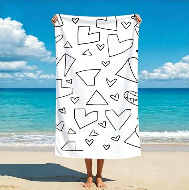 Black White Heart Beach Towel, Microfiber Sand Free Quick Dry, Cute Doodle Print, Soft Absorbent For Summer Travel