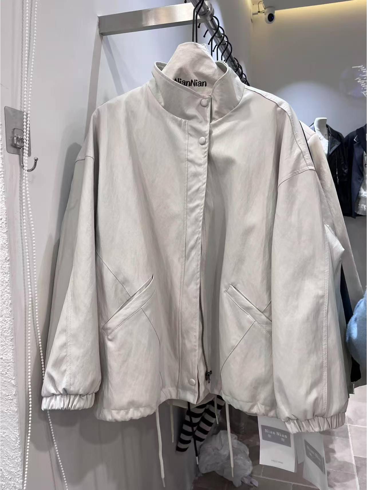 

Женская повседневная кожаная куртка с корейским воротником-стойкой, весна/осень 2025 Large грязно-белый