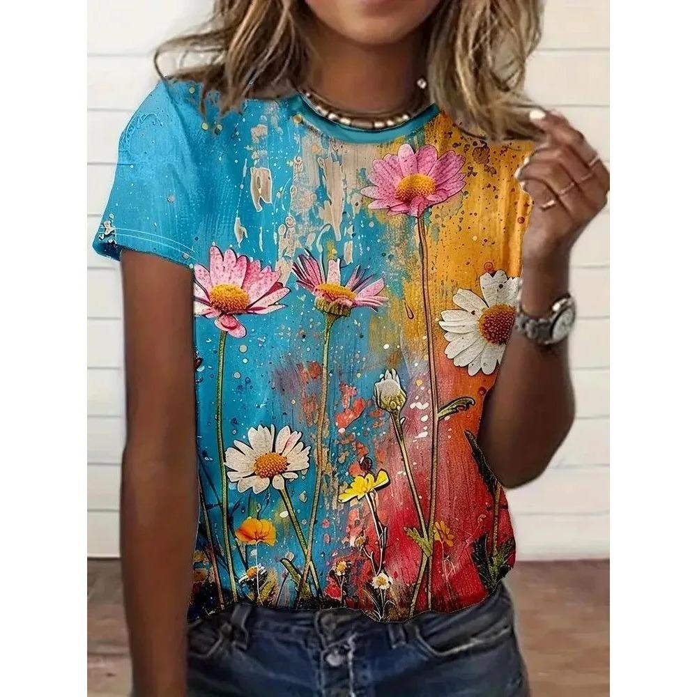 Summer Round Neck Flower Pattern 3D Print Top Fashionable Casual Short Sleeved Women's T-shirts