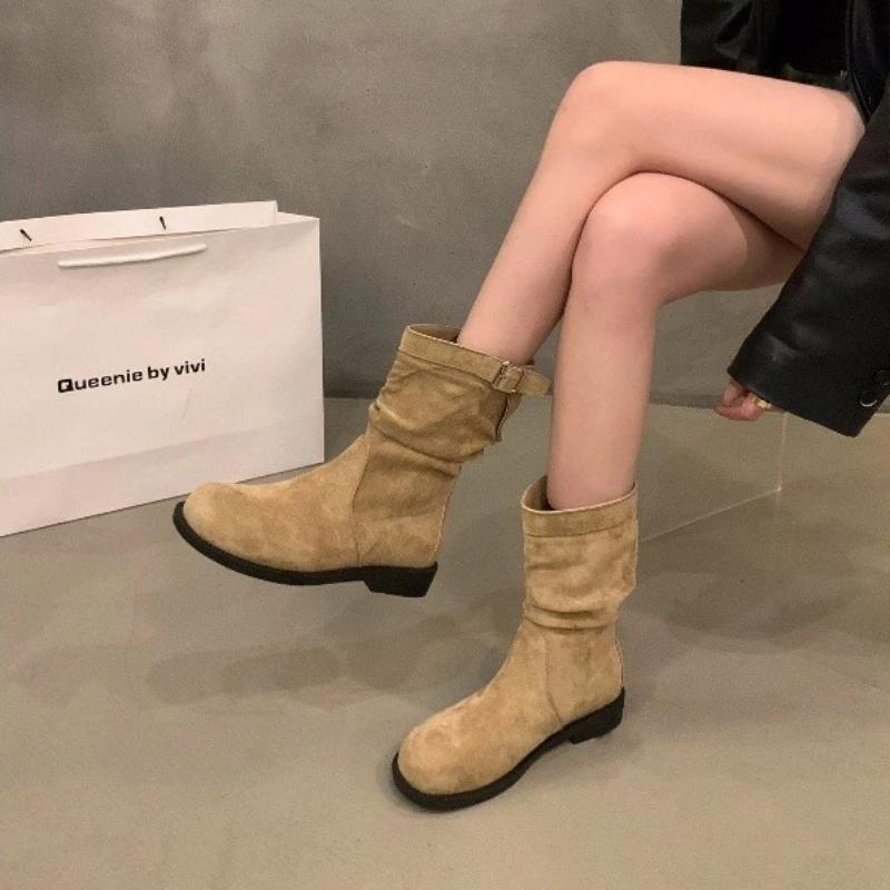 Women Ankle Boots  Autumn Fashion Round Toe Buckle Comfortable Non Slip Outdoor Short Boots Retro Mid-calf Boots
