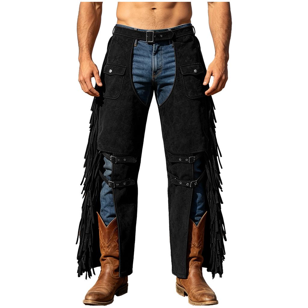 Pánské nastavitelné v pase Faux Suede Chaps Kalhoty Bojí Třásně Rozdělené Široké Nohy s Popruhy pro Jízdu na Koních Divadlo Cosplay