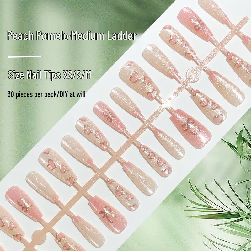 

Pink Peach Heart 3D Gilded Cat Eye Press-On Nails - 30 Medium Tapered Pieces