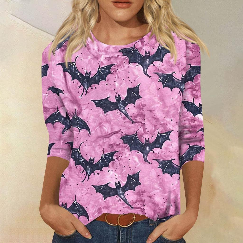 Dámské módní ležérní tričko s tříčtvrtečním rukávem a halloweenským potiskem, s kulatým výstřihem