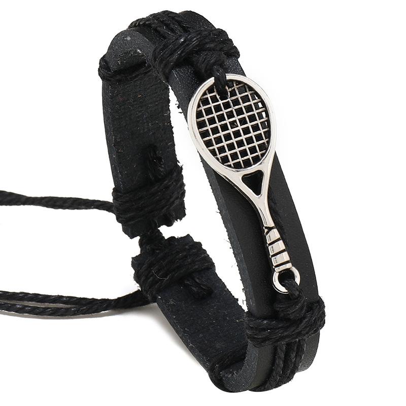Nuovo Semplice Ciondolo Racchetta da Tennis Braccialetto in Pelle Intrecciato a Mano Personalizzato Nero Corda da Mano da Uomo Gioielli