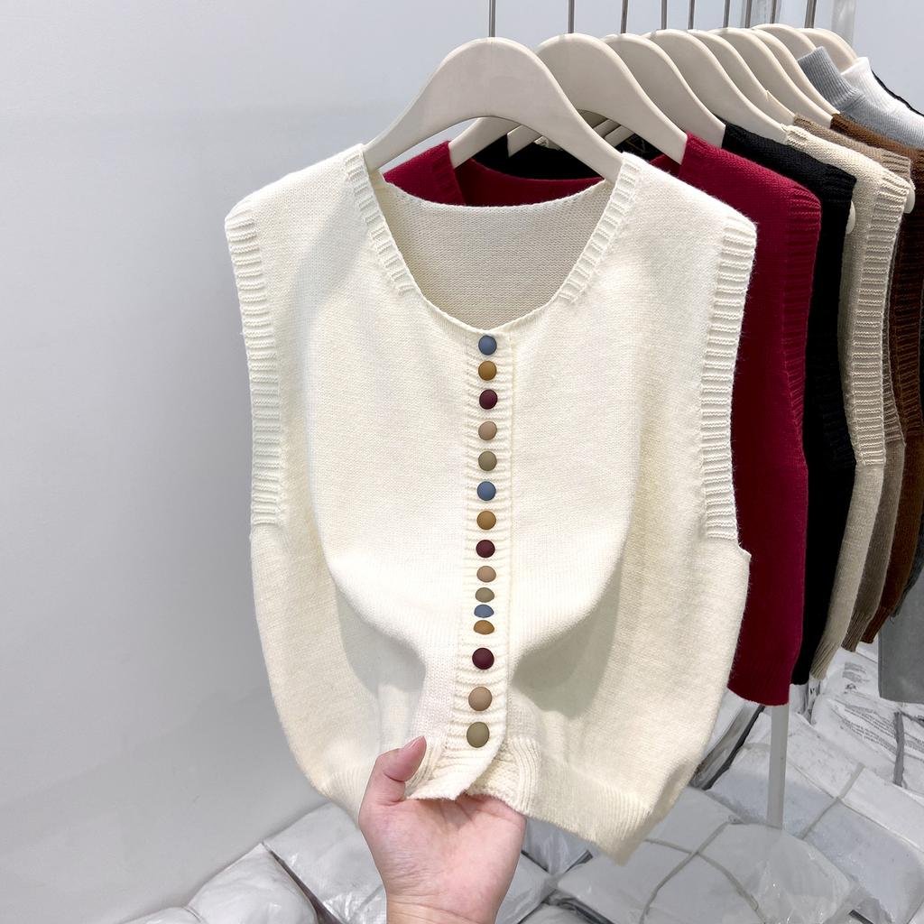 Fashion Elegant Loose Sleeveless Knitted Cardigan Sweater Vest Women 2025 Autumn Winter Casual Buttons Waistcoat Simple Solid Color Tops Clothing