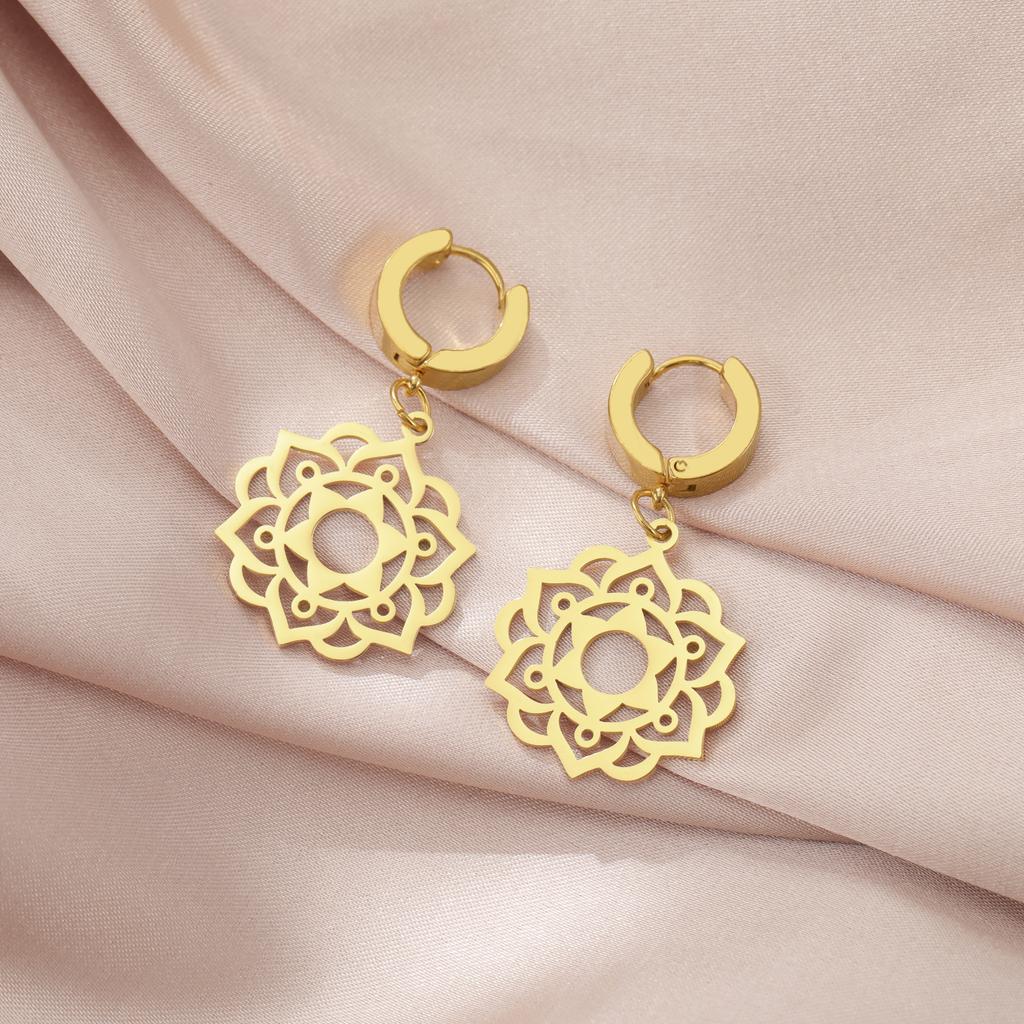 LIKGREAT Stainless Steel Lotus Flower Earrings Elegant Mandala Chakra Drop Pendant Women Healing Buddha Spiritual Yoga Jewelry