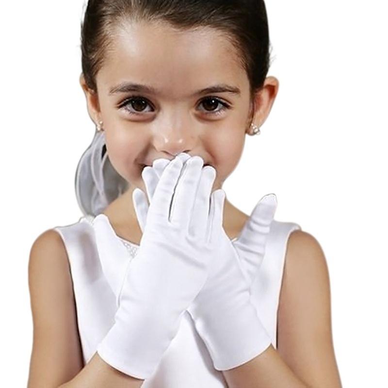 Kinderhandschuhe Weiß Kurz Satin-Textur Kinder Tanz Bühnenaccessoires Hochzeit Blumenhandschuhe Hochzeitsaccessoires