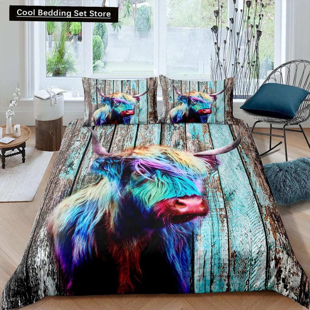 Highland Cow King Queen Duvet Cover Bull Bedding Set for Adults Cattle 2/3pcs Quilt Cover Farm Animal Polyester Comforter Cover