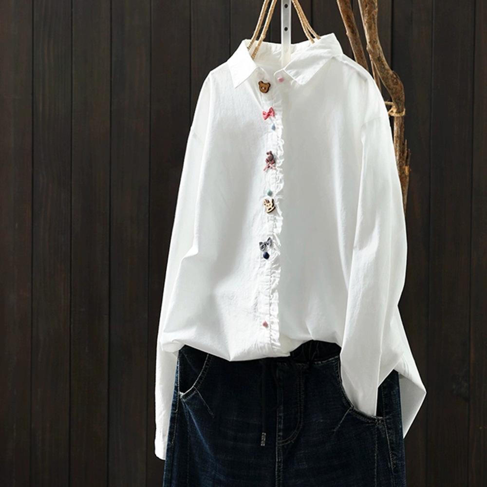 Korean Style Clothes Women Spring Cotton White Polka Dot Print Shirts Long Sleeve Blouses Middle-aged Women's Clothing