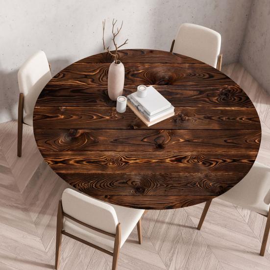 Wood Grain Round Tablecloth Fitted Table Cover with Elastic Edge Rustic Waterproof Table Protector