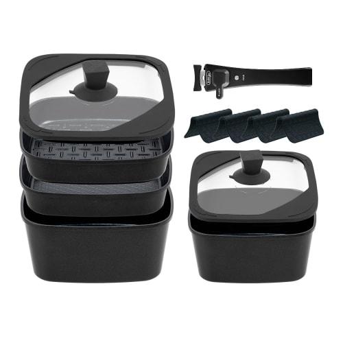 boohgle 13-Piece Frying Pan and Pot Set, Induction & Gas Compatible, Removable Handles, Non-Stick Ceramic Coating, Easy to Clean (Black)