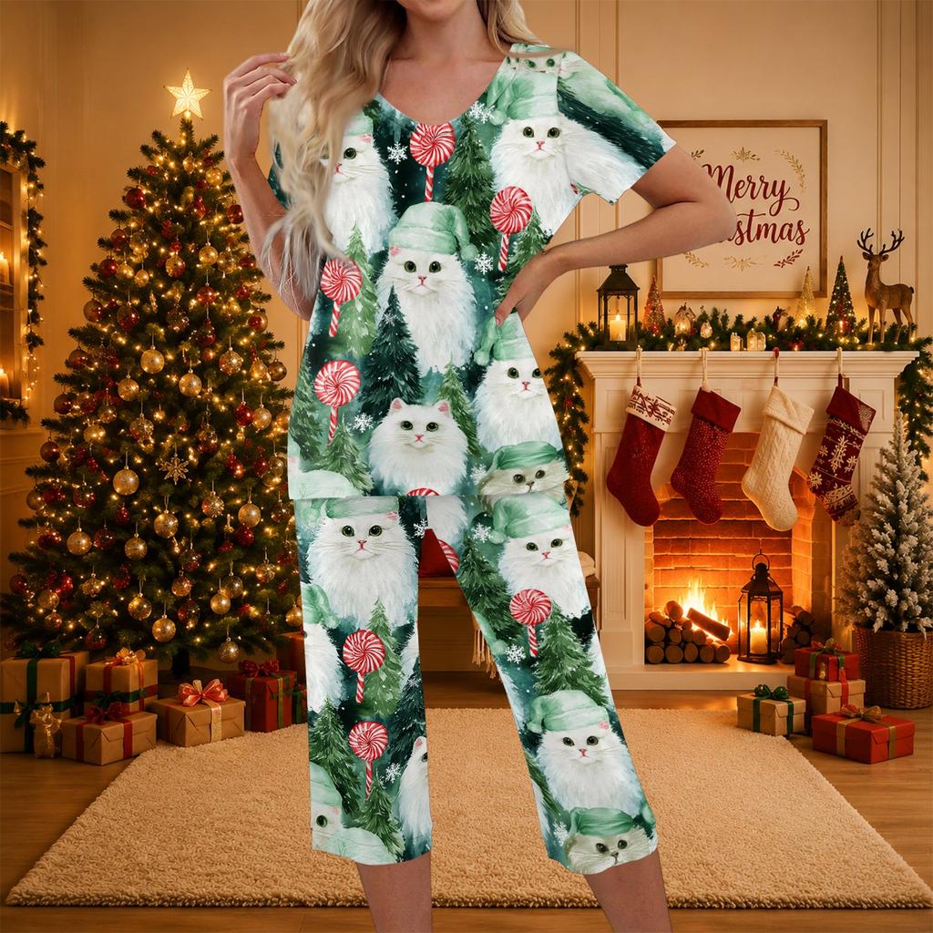 Casual TweeDelig Kerstprint Outfit voor Dames met Top met Korte Mouwen en Broek