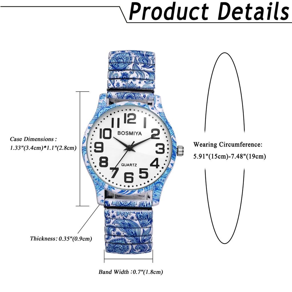 Bohemian Watch with Flexible Elastic Arabic Floral Quartz Stainless Analog Ethnic Style Perfect for and Parties Women's Band Strap, Numerals, Print,