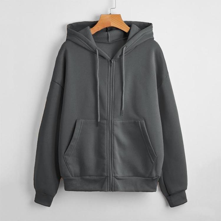 Women's Casual Fleece Zipper Jacket Long Sleeve Loose Solid Color Sweatshirt Top