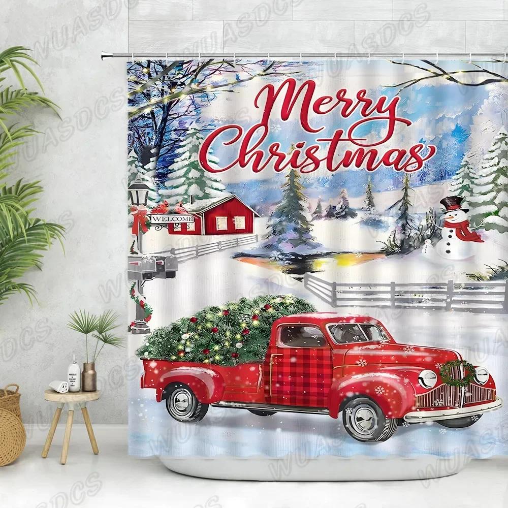 

Winter Snow Scene Shower Curtains Countryside Red Truck Berries Bird Christmas Ball of Rope Pine Needles Bew Year Bathroom Decor 90x180cm-35x70in