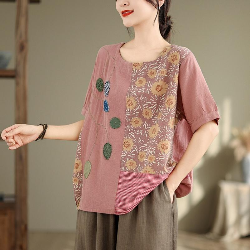 Retro Literary and Artistic Printed Leaf Shirt Stitching Embroidery Short-sleeved T-shirt Loose Casual Large Size Top