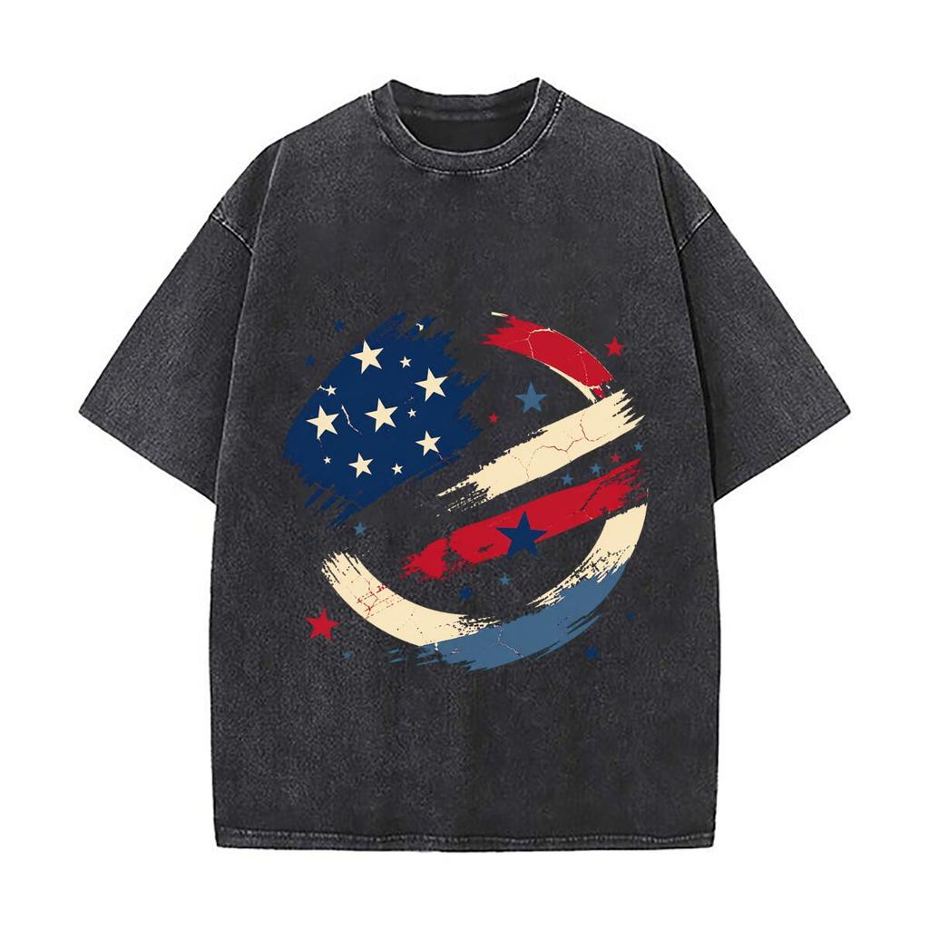 Distressed Patriotic Circle Tribute Loose Solid Distressed T Shirt American Casual Crew Neck Top
