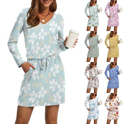 Women's Fashion V-Neck Long Sleeve Drawstring With Pocket Floral Print Casual Dresses