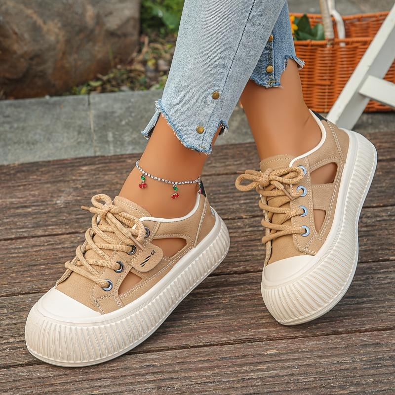 Women'S Chunky Platform Sneakers - Breathable Cut-Out Design, White Low-Top Lace-Up Shoes with Transparent PVC Sole, Comfortable All-Day Wear