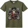 Motorcycle T Shirt Fire Wheels Skull Rider Biker Vintage Racing Graphic Tee